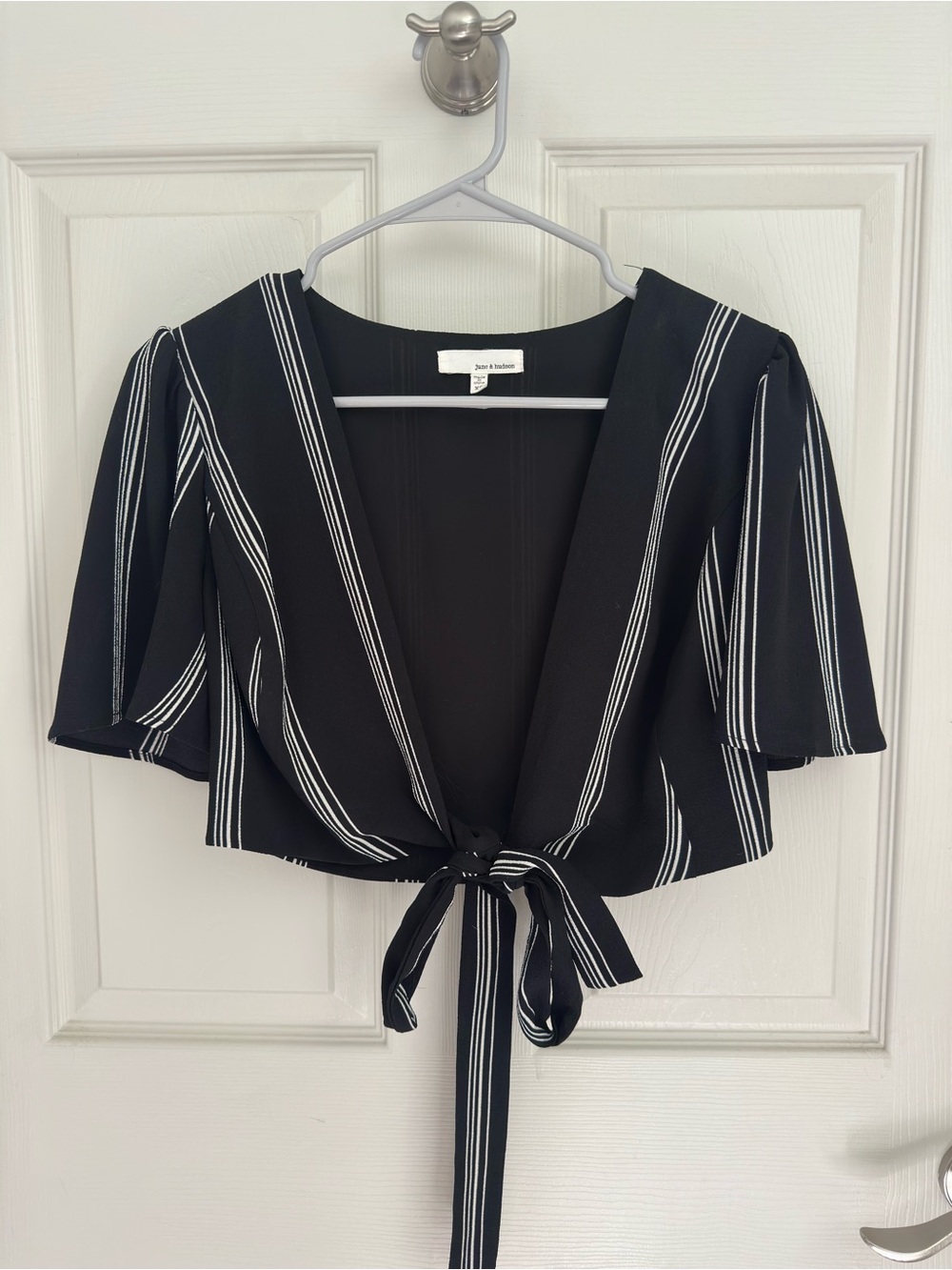 june & hudson Black and White Striped Tie-Front Crop Top